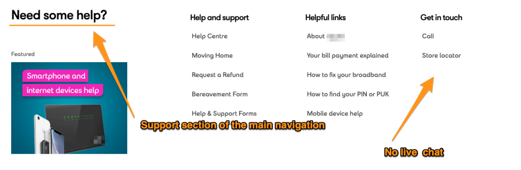 Ejemplo de un sitio web que no muestra la opción de atención al cliente por chat en directo en la navegación.