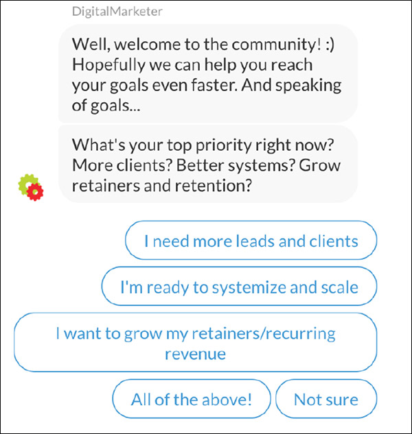 Un chat de ventas que muestra diferentes opciones que el cliente puede elegir.
