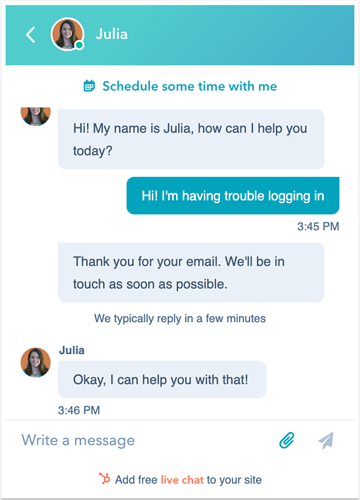 Live chat customer support conversation example.