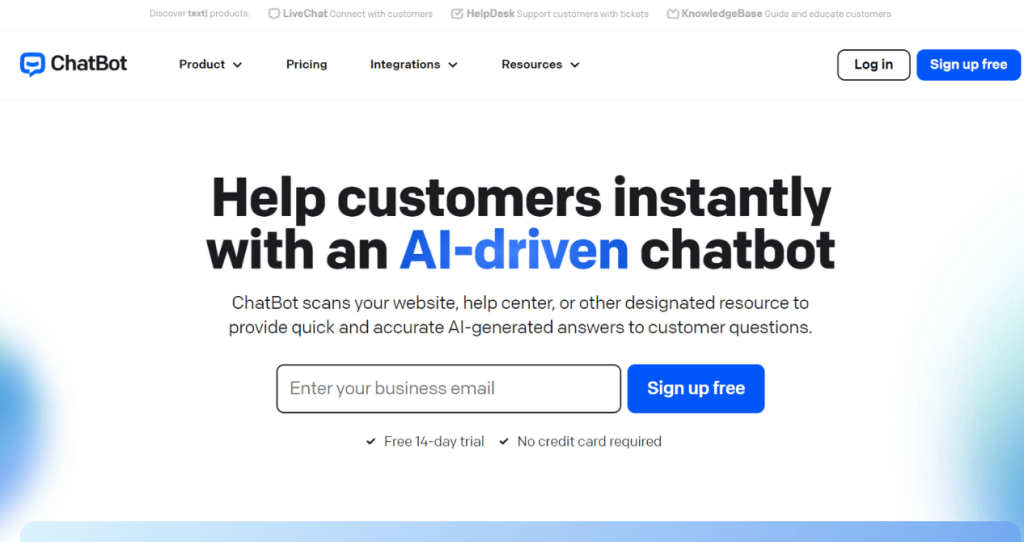 Página de inicio del bot de ventas ChatBot