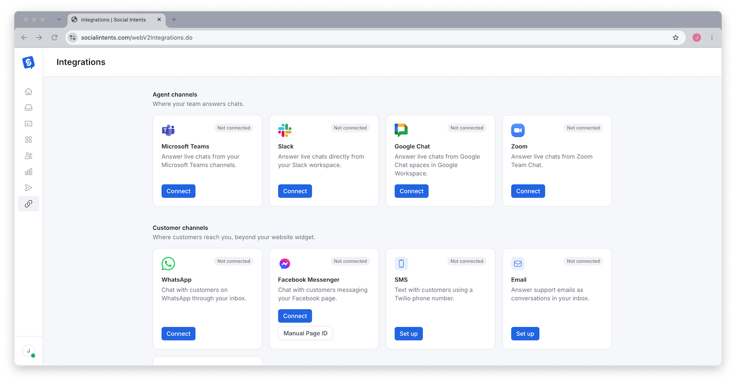 Integrations page showing agent platform cards for Teams, Slack, Google Chat, Zoom, and Webex