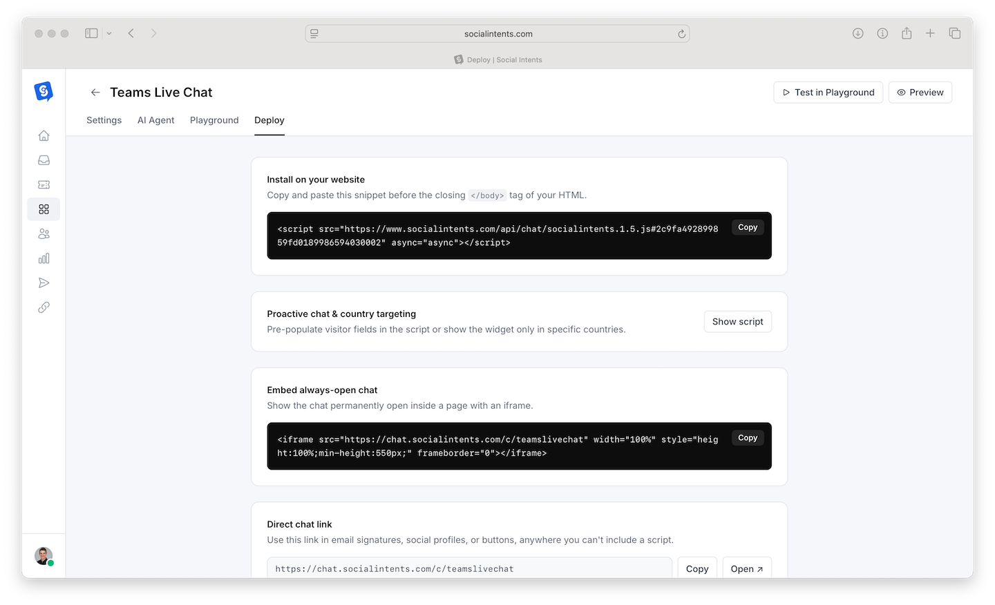 Deploy tab with the install snippet ready to copy