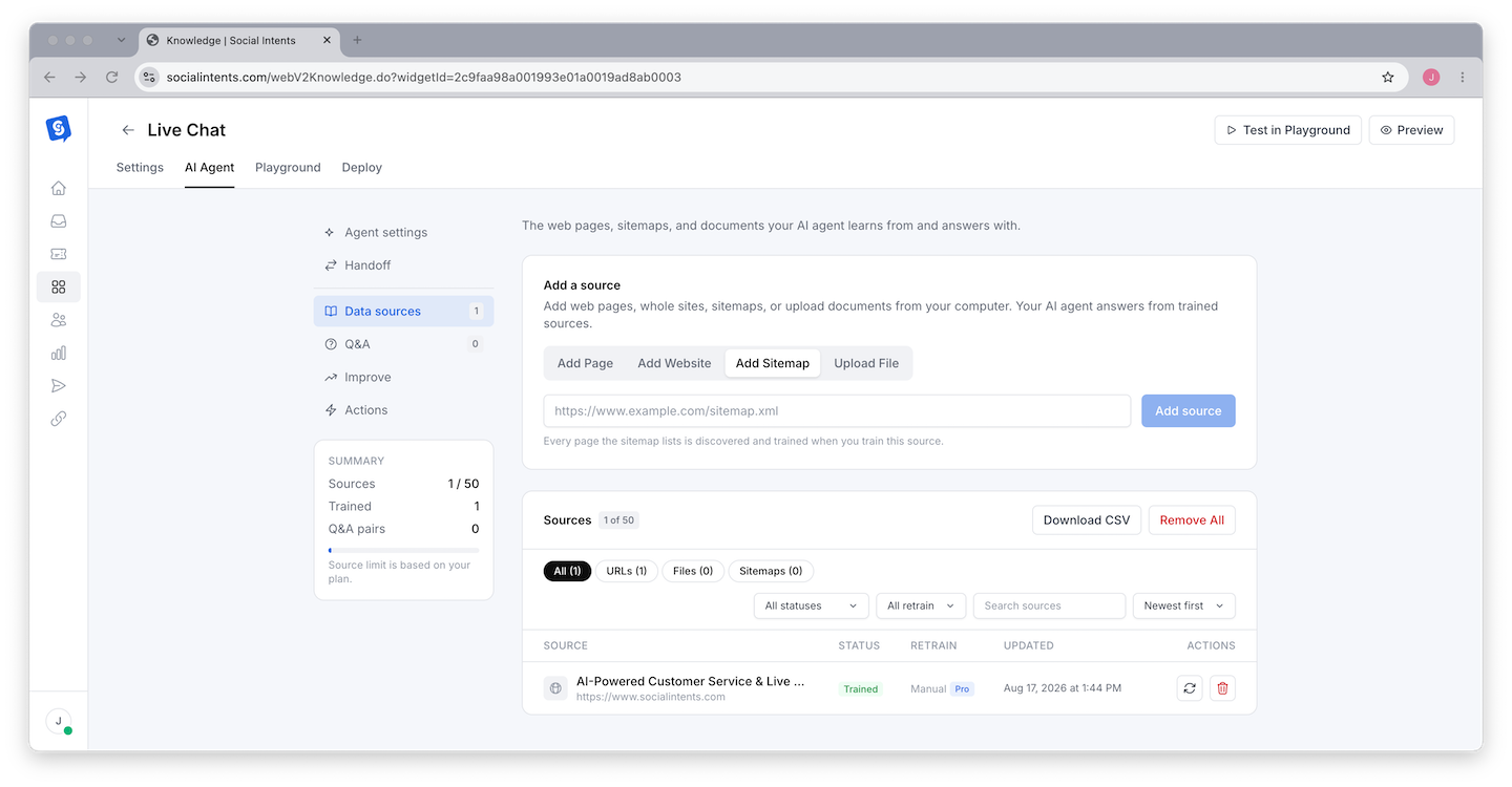 Knowledge page showing trained sources with status, filters, and the Train All button