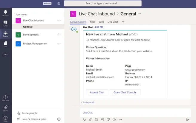 Chat en vivo de Microsoft Teams: chatee con los visitantes del sitio web directamente desde Teams.