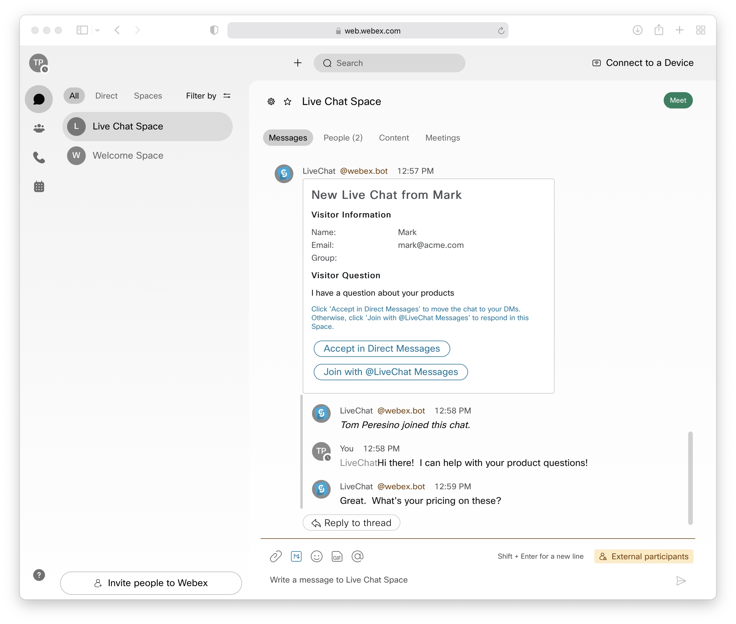 Captura de pantalla del chat en vivo de Webex