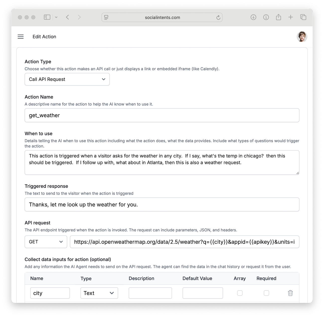 Solicitud de API de acción personalizada AI
