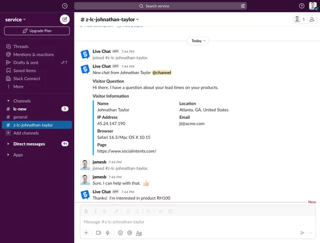 Chat en vivo de Slack: chatea con los visitantes del sitio web directamente desde Slack.