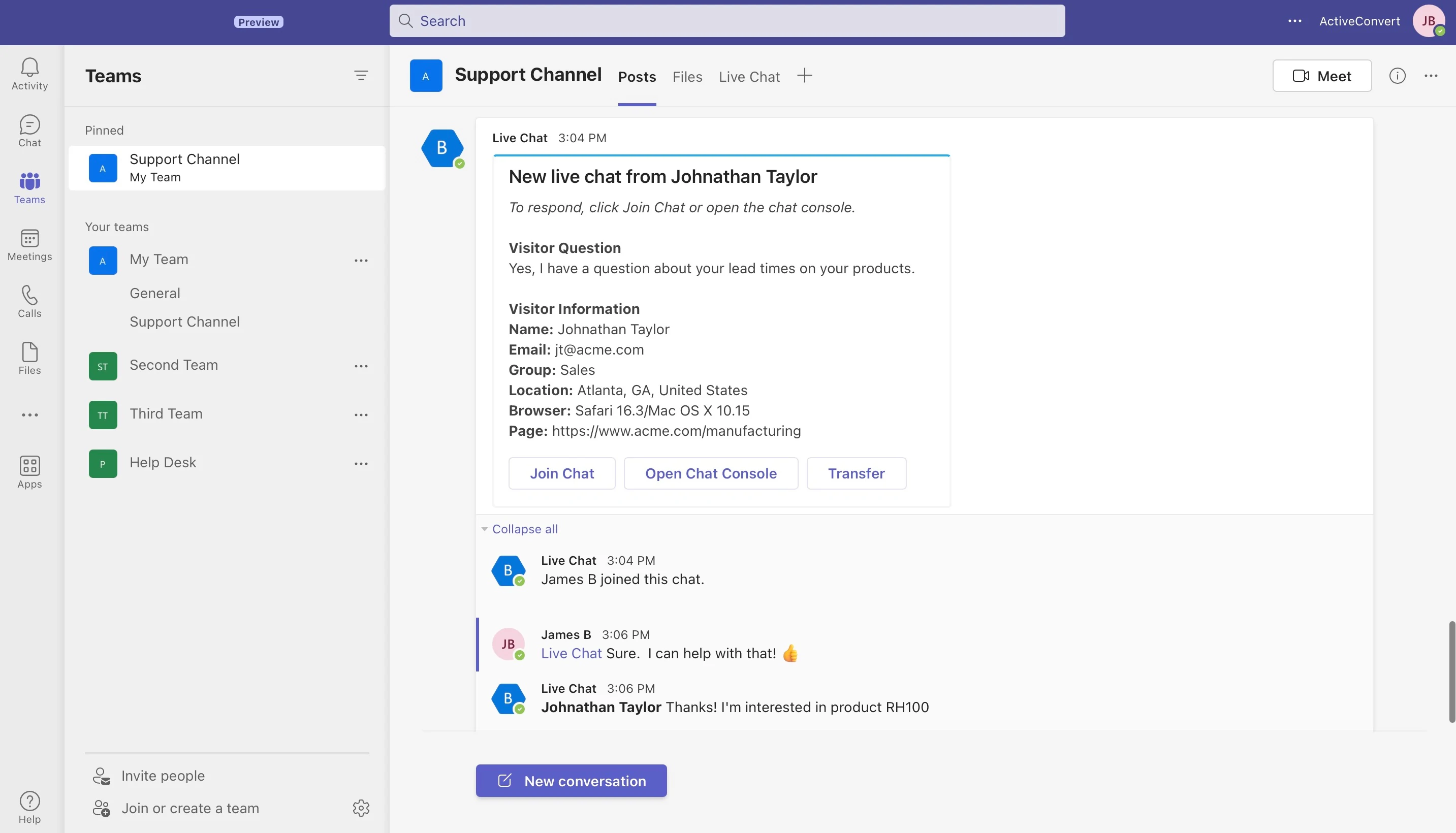 Captura de pantalla de Microsoft Teams Live Chat